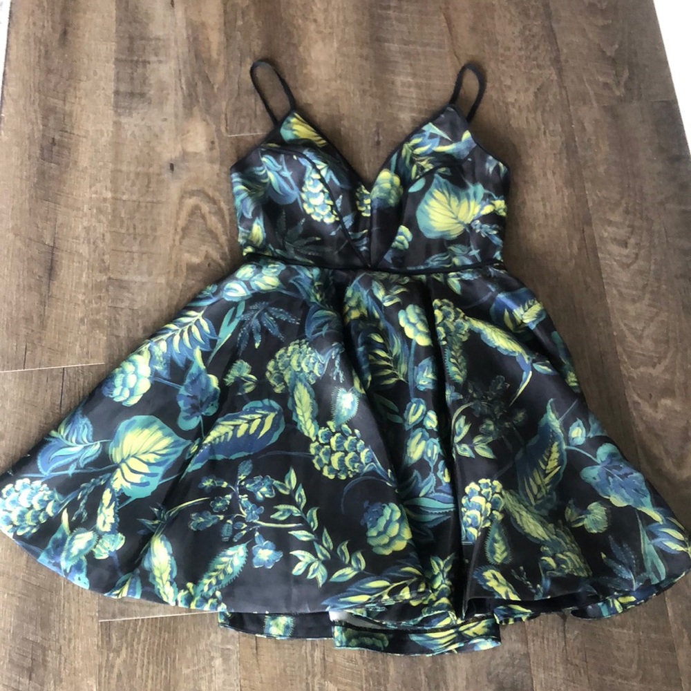 Flouncy blue and green cocktail dress